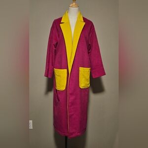 BURU Wool Blend Long Open Car Coat: Fuchsia & Yellow